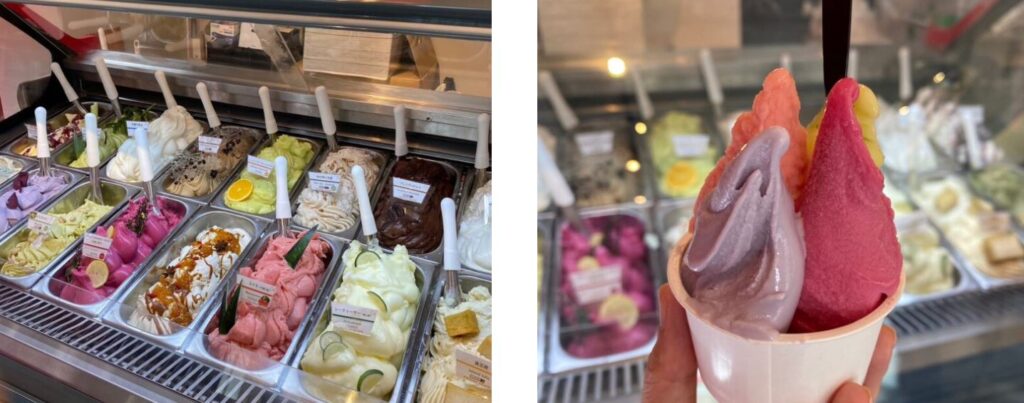 ショーケースに並ぶ多彩なピエノマジェラートのフレーバーと、実際に盛り付けられたジェラートのカップ